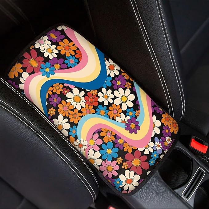 Hippie Floral 70s Car Center Console Cushion Pad Flower Hippy Armrest Box Protector Cover Universal Fit Dustproof Car Arm Rest Cover Auto Interior Decoration