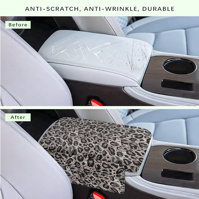 Dreaweet Grey Leopard Print Car Armrest Cover Pad Thick Center Console Cover with Pockets Cheetah Car Accessories for Women Universal Arm Rest Cover for Car Center Console for Cars