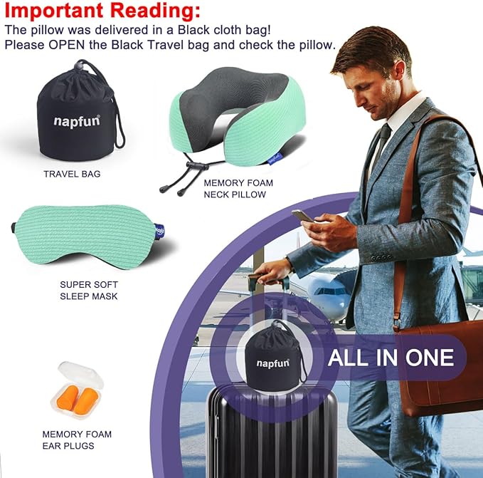 napfun Neck Pillow for Traveling, Upgraded Travel Neck Pillow for Airplane 100% Pure Memory Foam Travel Pillow for Flight Headrest Sleep, Portable Plane Accessories, Turquoise Striped Kit