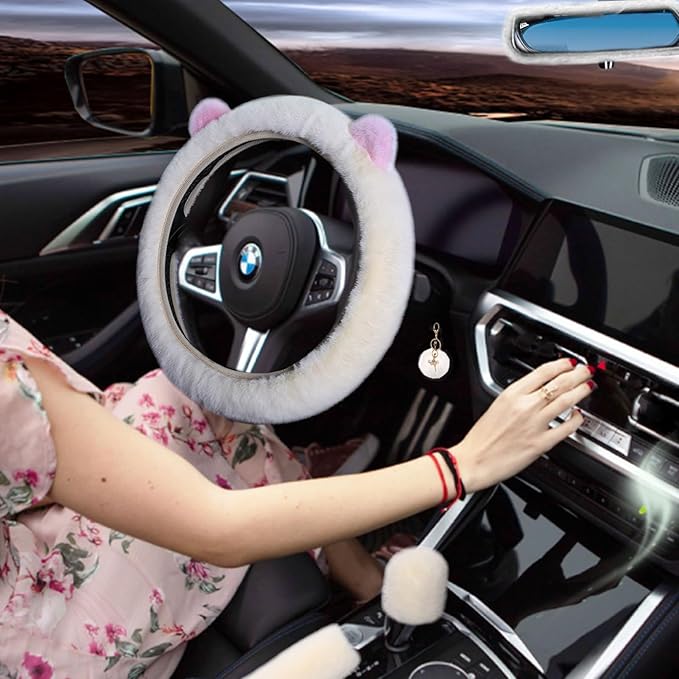 ZYNQACC 9 Pack Cute Bear Fluffy Car Accessories for Women Girls,Kawaii Fuzzy Steering Wheel Cover Universal 15 inch Plush Cute Ears （Beige）