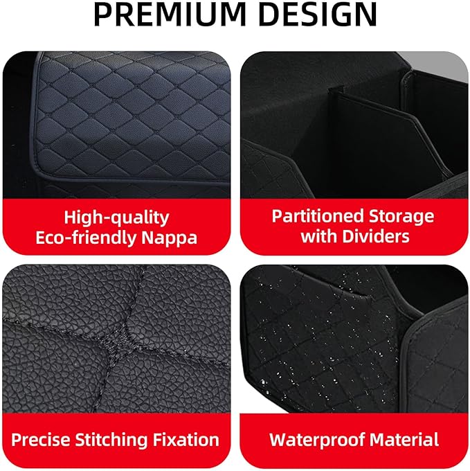 1Pack Leather Trunk Organizer for SUV & Sedans - Extra Large Foldable Car Storage Box with Lid, Adjustable Removable Dividers and Carry Handle, Collapsible Auto Cargo Organizer Black (1)