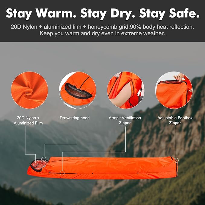 Emergency Sleeping Bag Thermal Bivvy, Lightweight Survival Sleeping Bags Thermal Bivy Sack Portable, Compact, Waterproof, Reusable for Camping, Hiking, Outdoor, Activities