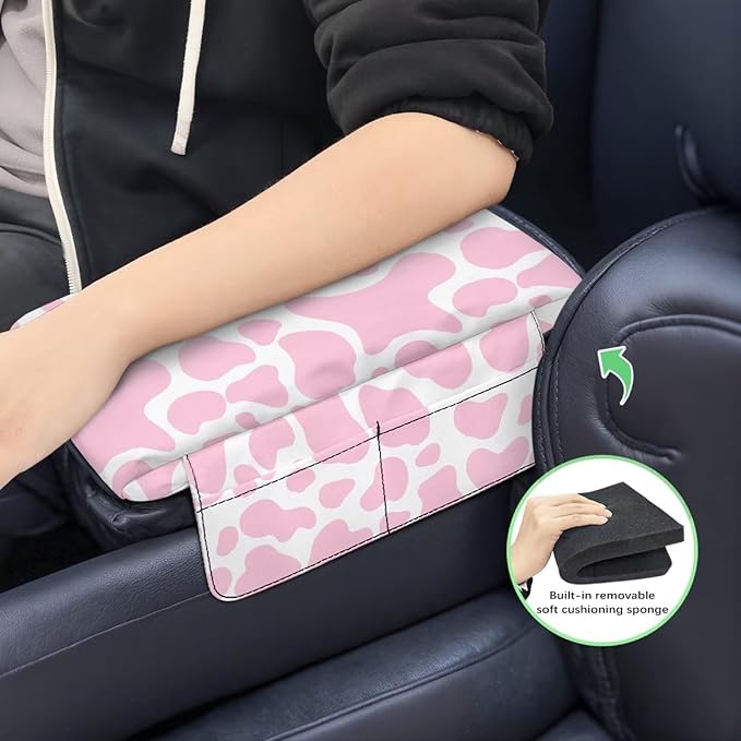 Dreaweet Pink Cow Print Center Console Cover for Car Thick Arm Rest Cover Pad with Pockets Cute Car Accessories for Women Interior Soft Anti Scratch Armrest Cover Cushion Pad