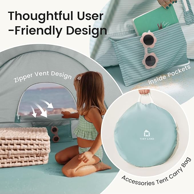 Tiny Land Baby Beach Tent – Pop Up Baby Tent with UV Protection, Portable Baby Beach Essentials, 35"x28"x32" Sun Shelter for Infants, Baby Outdoor Use (Pastel Aqua)
