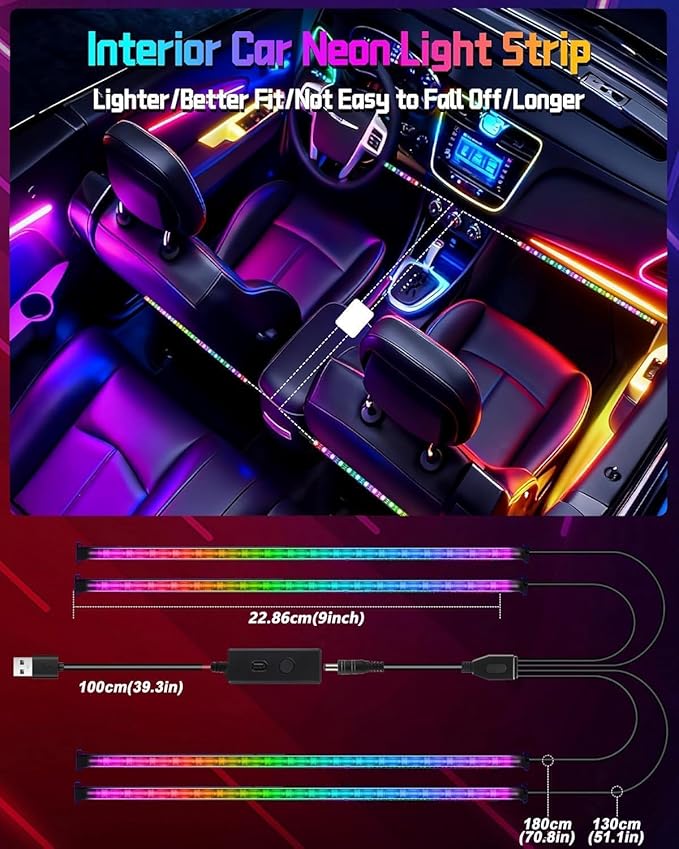 Led Lights for Car Accessories Interior, RGB+IC 48 LED Car Interior Light, 16 Million Colors Strip Light, APP Remote Control with USB Port Color Change Under Dash Lighting for SUVs, Trucks