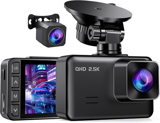 Dash Cam Front and Rear, 2.5K+1080P Dual Dash Camera for Cars, 2’’ Display Mini Car Camera, G-Sensor Dashcam, Night Vision, 24H Parking Mode, Loop Recording, 170°Wide Angle