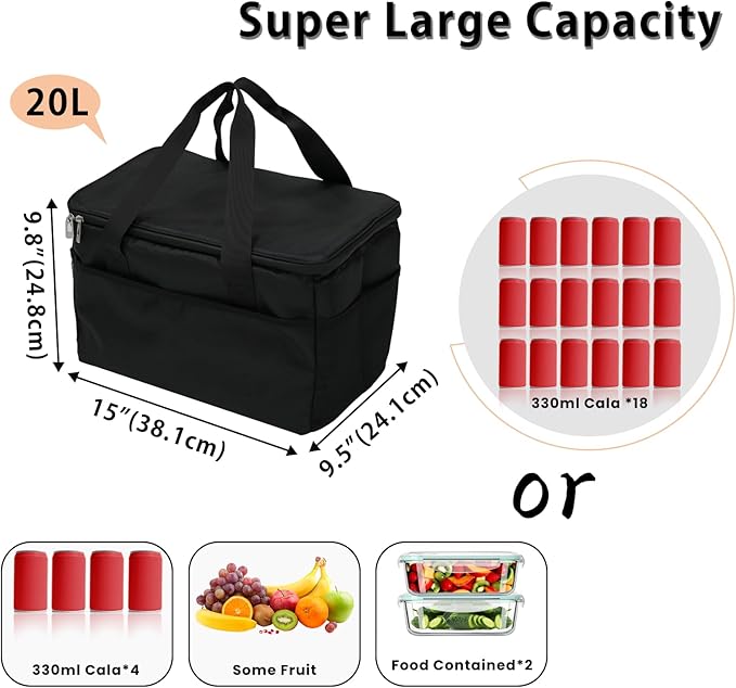 23L Soft Cooler Bag, Insulated Lunch Box for Women and Men with Divider, Side Pockets, Portable Collapsible Travel Cooler, Soft Sided Reusable Ice Chest, Lunch Bag for Work, Camping, Car