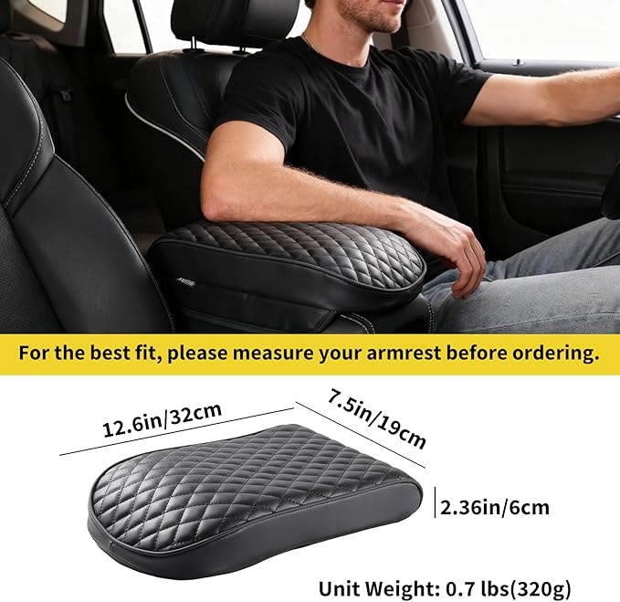 WEIHAO Car Arm Rest Cover Pad, Thick Padding 12.6x7.5x2.36 inch Car Armrest Cushion, Memory Foam Leather Center Console Cushion Pad for Sedans, SUVs, Most Vehicles (Black-1PC)
