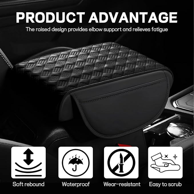 Car Armrest Cushion, 12.2"×8.3" Leather Auto Memory Foam Center Console Pad with Storage Pocket, Waterproof & Anti-Scratch Elbow Pillow Armrest Seat Box Protector, Universal Fit (Black)