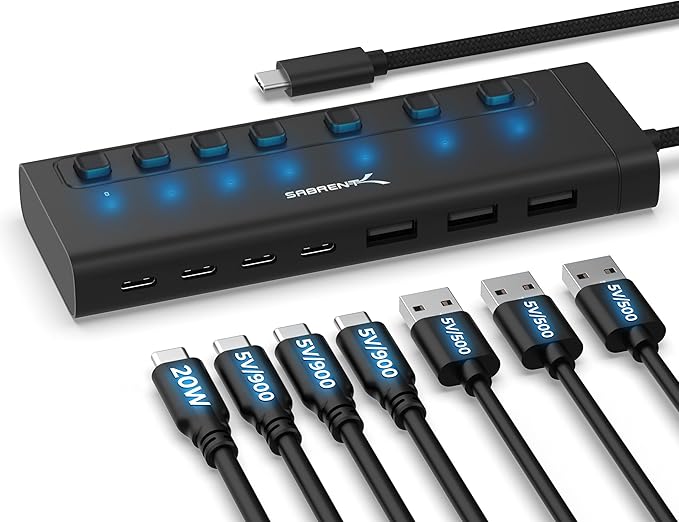 SABRENT 7-Port USB-C Hub with Power Switches, 5Gbps USB 3.2, 48W Powered Hub with 3 USB-A + 4 USB-C Ports, 20W PD, LED Status, Aluminum Body – for Mac, PC, Steam Deck, ROG Ally (HB-3A4C)
