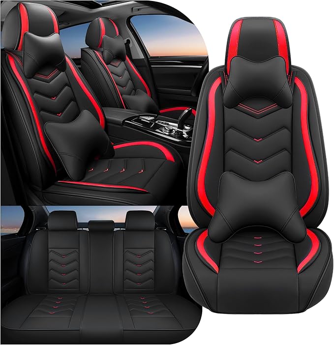 Car Seat Covers Fit for Toyota rav4 2000-2026, Stylish Sport Seat Covers, Waterproof Wear-Resistant Premium Nappa Leather Car Seat Cover.(Full Set with Pillow/Black Red)