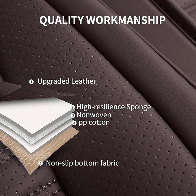 Nappa Leather Car Seat Covers Full Set, Brown Car seat Protector 5 Seats, Waterproof Car Seat Cushion, Universal Automotive Seat Covers Fit for SUV Truck Pick-up Sedan, Front and Rear