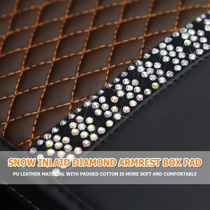 Bling Leather Car Center Console Cover, Car Center Console Protector With Glossy Crystal Rhinestone, Universal Waterproof Car Armrest Seat Box Cover For Most Car, Vehicles, SUVs, Trucks (Brown)