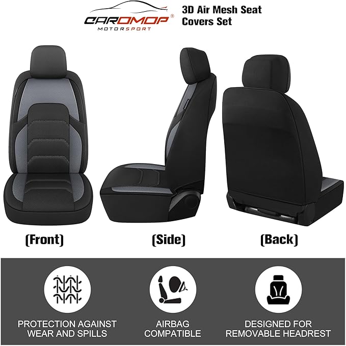 CAROMOP 3D Air Mesh Car Seat Covers Full Set,Breathable and Durable Seat Covers for Cars,Split Bench Compatible,Universal Fit for SUV,Vans,sedans, Trucks, Automotive Interior Covers(5-Seat Black/Grey)