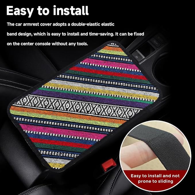 Bohemian Universal Armrest Cover Pad, Car Center Console Cushion, Boho Ethnic Style Auto Armrest Decorative Pad with Elastic Straps, Car Arm Rest Cover Protector for Vehicles (Armrest Cover-D)