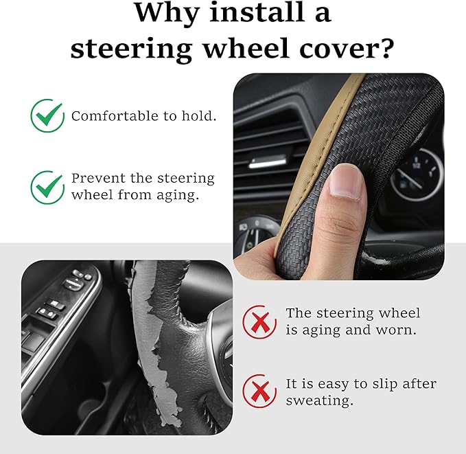 Car Steering Wheel Cover, 15 inch Carbon Fiber Microfiber Anti-Slip Breathable PU Leather Elastic Steering Wheel Protector, Car Interior Accessories for Most Cars (Beige)