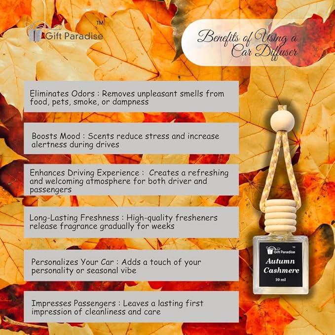Autumn Cashmere Car Air Freshener with gift ready velvet bag, Hanging Design for Multiple Spaces, Set of 3 (10 ml Each)