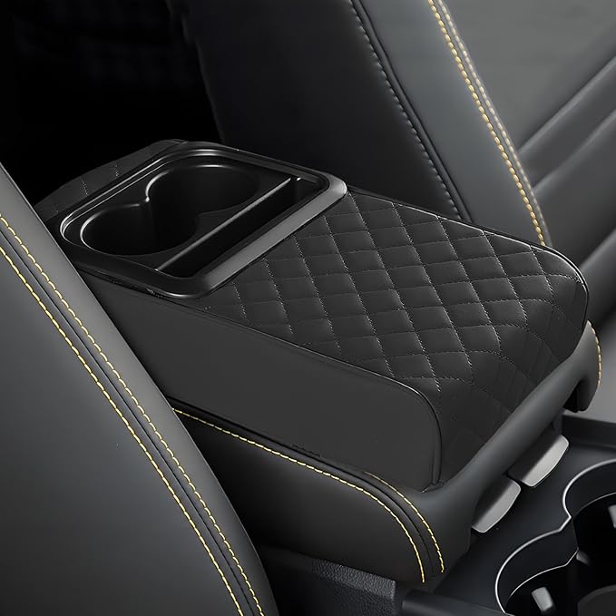 Car Center Console Armrest Pillow, 13.19"×7.87" Leather Car Arm Rest Cover, Memory Foam Auto Armrest Cushion with Cup Holder Phone Slot, Universal Vehicle Middle Console Cushion Pad (Black)
