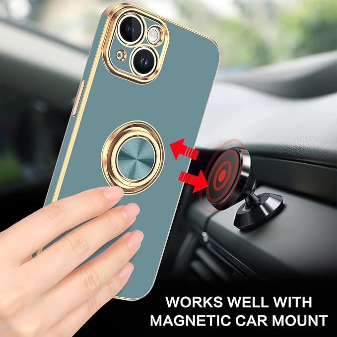 VENINGO iPhone 14 Case,Phone Cases for iPhone 14,Slim Fit Soft 360° Ring Holder Kickstand Magnetic Car Mount Supported Easy Clean Shockproof Protective Cover for Apple iPhone 14 6.1", Blue Grey/Golden