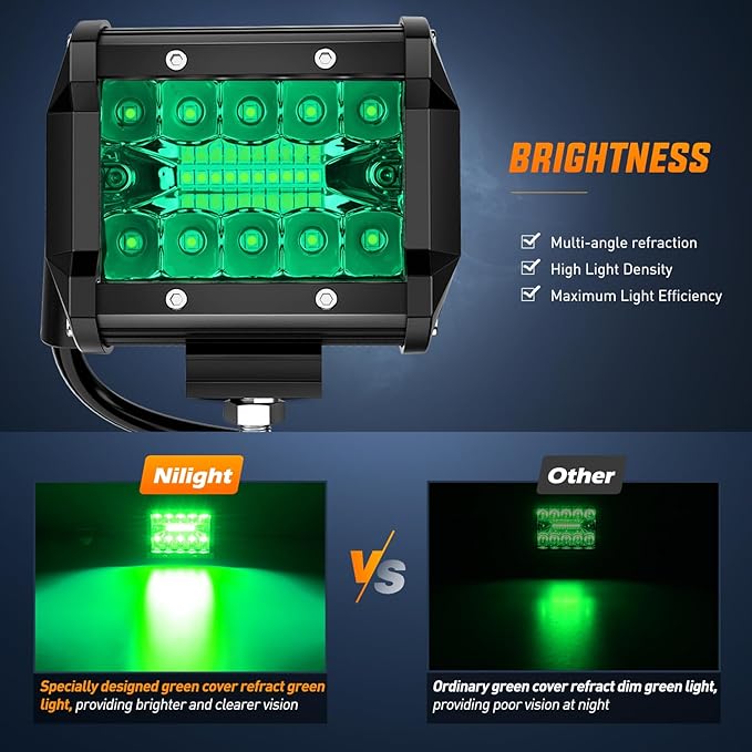 Nilight 4 Inch LED Light Pods Green Triple Row 2PCS 60W Flood Spot Combo Off Road Driving Fog Fishing Hunting Emergency Safety Signal Deck Trailer Lighting for UTV Pick-up Van Boat Tractor