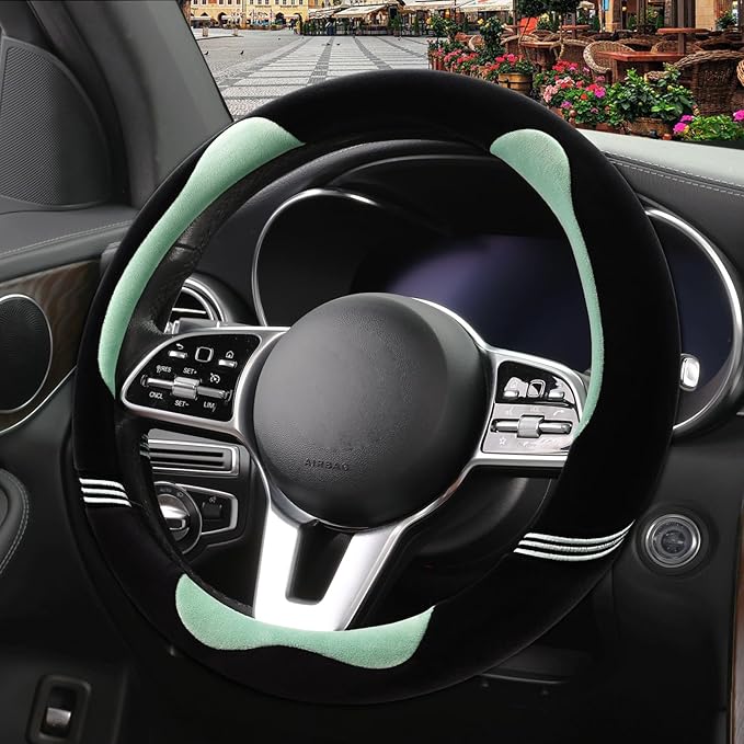 Furry Cute Steering Wheel Cover, Soft Fluffy Short Plush Auto Accessories, Non-Slip Cold-Proof Sweat-Proof Colorfast, Universal 15 inch(Black with Green)