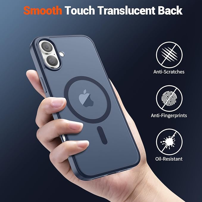 SUPFINE Magnetic for iPhone 16 Plus Case with Screen Protector (Compatible with MagSafe) (Military Grade Drop Protection) Translucent Matte Shockproof Phone Cover,Dark Blue