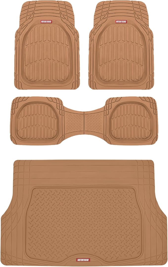 Motor Trend FlexTough 4-Piece Heavy Duty Floor Mats for Cars Trucks SUVs, Automotive Floor Mats Car Mats Full Set Front, Rear & Cargo, Trim-To-Fit Semi-Custom Deep Dish All Weather Rubber Mats - Beige