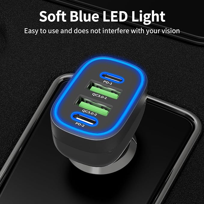 90W 4 in 1 USB C Super Fast Car Charger for iPhone 17 Pro Max/Air/16/15/iPad, Samsung S26, Pixel Android Phone, Dual 45W Type C & QC3.0, 12V Multi Port Cigarette Lighter Adapter + 2 USBC Cord 3.3ft