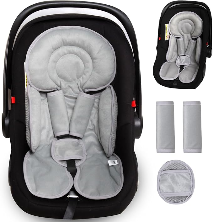 Infant Car Seat Insert for Newborn Girls Boys, 3 in 1 Reversible Cushion for Carseat with Strap Pads Buckle Cover Extra Soft Carseat Support Pad for All Season, Grey