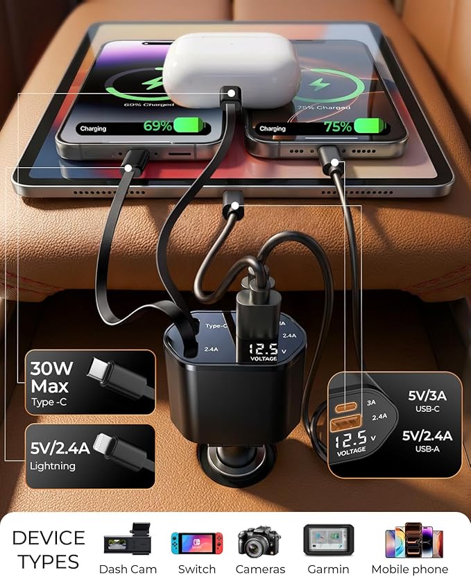 2026 MimAuto 4 in 1 Retractable Car Charger, Car Charger USB C Fast Charger, Car Phone Charger for iPhone 17/16/15/14/13, Samsungs, Tablets, Dash cams. Black Car Accessories for Men Women