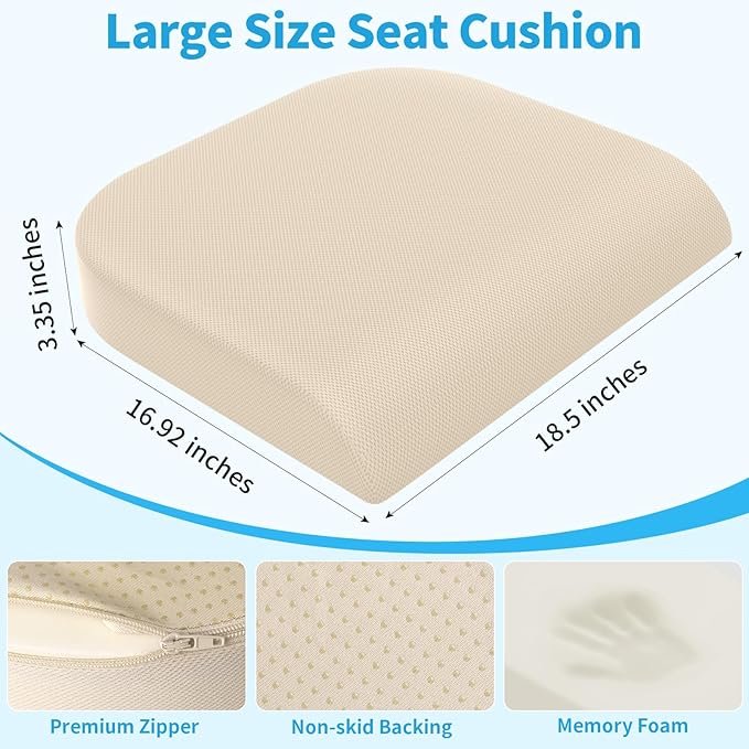 XLarge Seat Cushion, Memory Foam Cushion for Long Sitting Hours on Office Chair, Home & Car, Non-Slip Chair Pad for Relieving Back & Sciatica & Hip & Coccyx Pain (Khaki)