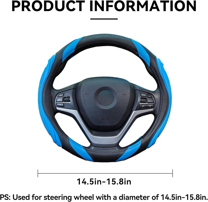 Car Steering Wheel Cover, 15 Inch Leather Breathable Anti-Slip Soft Steering Wheel Protector for Men and Women, Universal Car Accessories for SUV, Truck, RV (Blue)