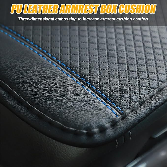 Car Armrest Seat Box Cover, Comfortable Leather Automotive Center Console Cushion Pad, Soft Waterproof Vehicle Arm Rest Protector Mat Accessories, Universal for RV, SUV, Truck (Black/Blue)