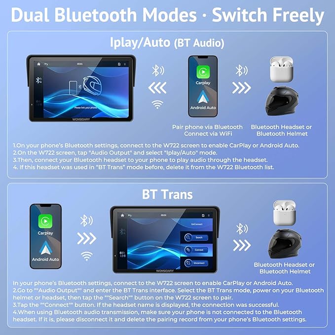 W722 for Motorcycle CarPlay & Android Auto,7" Waterproof Smart GPS Navigation System Screen,Car Play Moto with Light Sensor,Dual Bluetooth,Siri/G-Assist,EQ,USB/Hardwired Power Supply