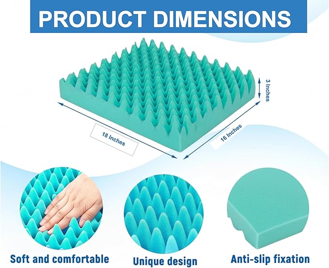 Gilbins Convoluted Egg Crate Foam Chair Cushion, Seat Cushion, Car Seat Cushion, Office Chair Cushion or Wheelchair Cushion to Relieve Back Pain Wheelchair and Recliner Chair Pads (Blue Without Cover)