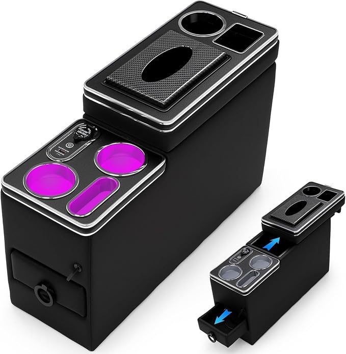 Center Console Between Seat Organizer for Minivans,SUVs,with Dual USB Charging ,Cup Holders,tissue box, 7 Color ambient lighting and drawers for Minivan, Middle Van Floor Console Organizer Storage Box