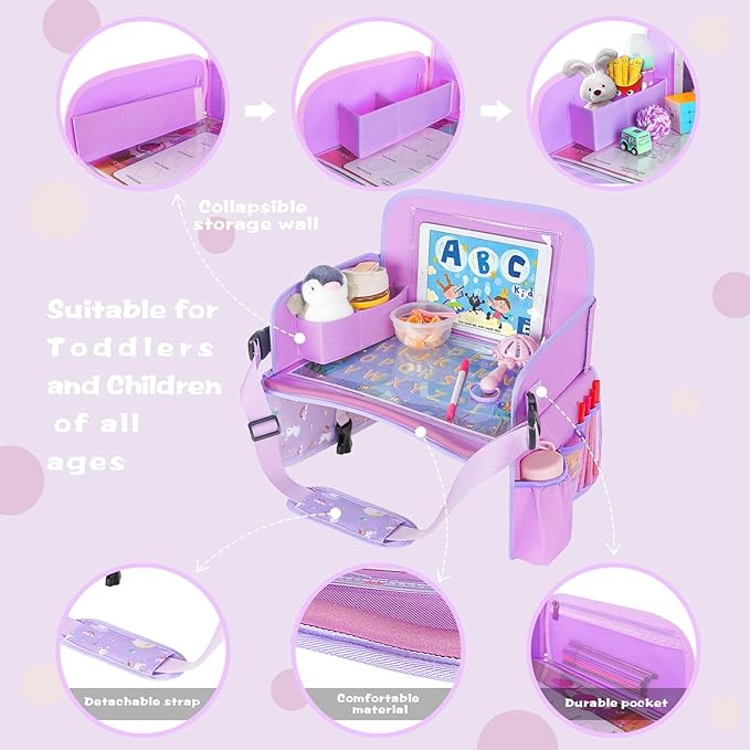 MENZOKE Kids Travel Tray for Toddler Car Seat, Toddler Gift for Girl Activities with Dry Erase Board & iPad Holder Stand, Road Trip Essentials Accessories Lap Tray for Girl as Birthday Gift, Purple