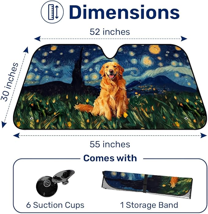 Genany Golden Retriever Art Windshield Sun Shade for Car SUV Truck (55x30 Inches), Sun Shade Windshield, Shades for Windows, Protector Blocks UV, Car Decor