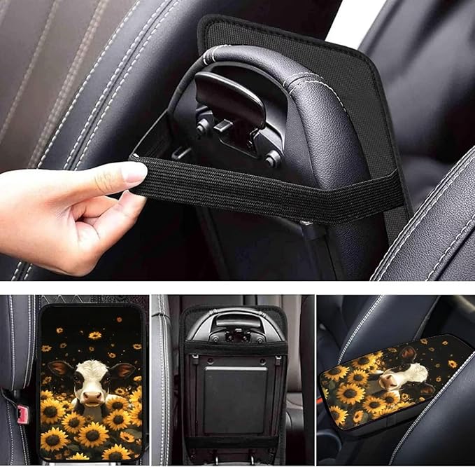 Cow Sunflower Print Armrest Cushion Cover for Car Neoprene Car Center Console Cushion Pad Non Slip Decorative Armrest Seat Box Cover for SUV Truck Sedan