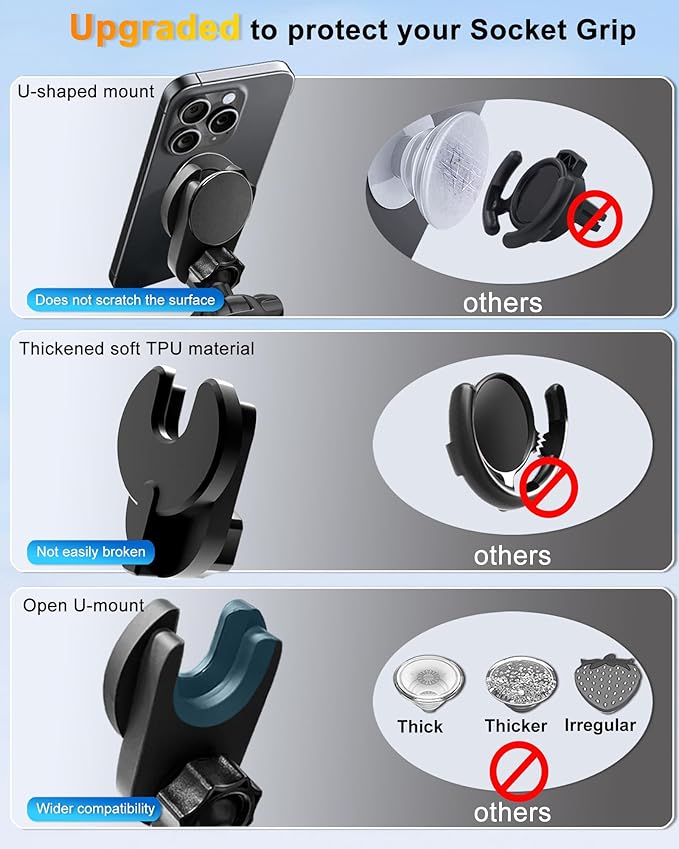 Car Phone Holder for Pop Socket, Dashboard Socket Grip Car Mount Dual Adhesive Base for Any Surfaces, Dash Sockets Phone Mount for Car, Works for iPhone Samsung All Smartphones with Pop Grip