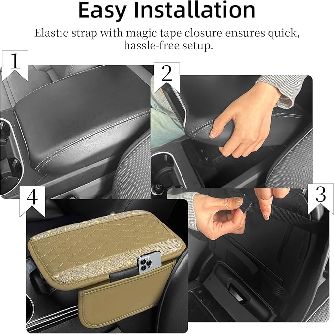 NBTEPEM Bling Beige Car Center Console Cover, Leather Car Arm Rest Cover with 2 Storage Bags, Universal Auto Armrest Protector Storage Box, Bling Accessories Interior for Most Vehicles