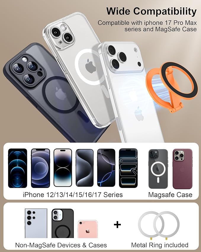 Magnetic Phone Stand for Magsafe, Dual-Sided Magnet Finger Loop Foldable 360°Rotation Kickstand Mag Safe iPhone Grip Cellphone Ring-Style Holder for Apple 17/16/15/14/13/12 Series&MagSafe Car Mount