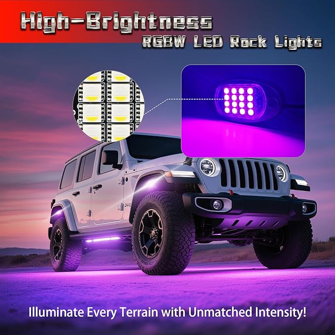 16 Pods RGBW LED Rock Lights for Trucks Offroad Pickup Trailer Sedan SUV Cars, Waterproof Multicolor Neon Underglow Kit with Bluetooth APP/RF Remote, Vehicle Accent Underbody Light Underneath 12V
