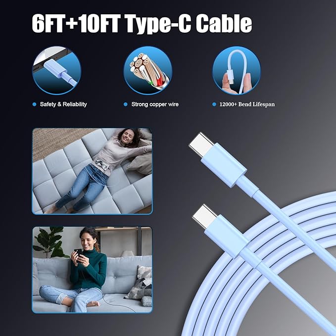 Essri Type C Charger Fast Charging for Samsung Galaxy S25/S24/S23/S22/Note 20,4Pack 25W Super USB C Fast Charger Block with (6ft+10ft) x2 Cables for iPhone 15/16 Pro Max/Plus, Android Phones-Blue