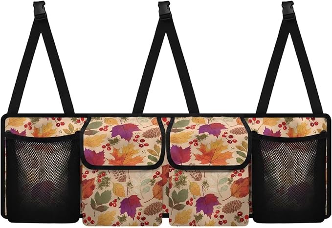 Hanging Car Trunk Organizer, Thanksgiving Maple Leaves Car Back Seat Storage Bag with 4 Pockets Waterproof Auto Interior Accessories for SUV MPV Sedan Truck Jeep