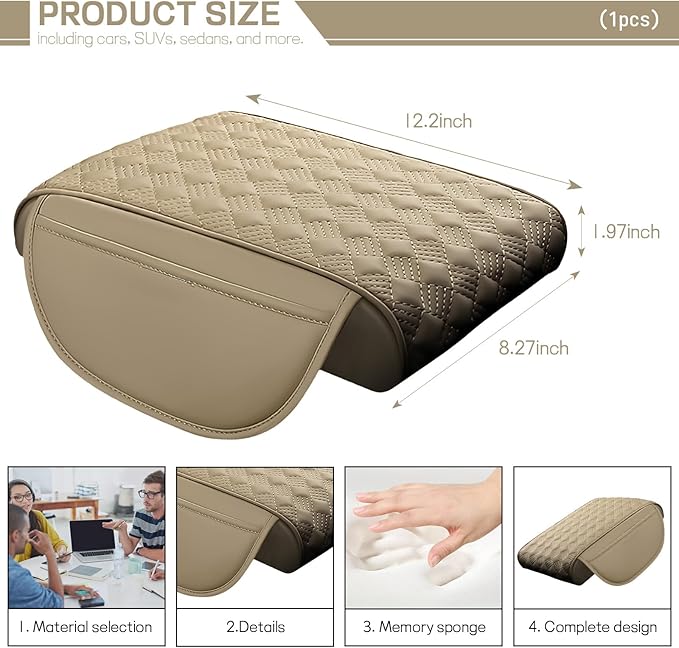 Car Armrest Cushion, 12.2"×8.3" Leather Auto Memory Foam Center Console Pad with Storage Pocket, Waterproof & Anti-Scratch Elbow Pillow Armrest Seat Box Protector, Universal Fit (Beige)