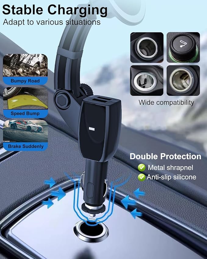 Magnetic Phone Holder for Car Cigarette Lighter [Dual USB Fast Charging] Cigarette Lighter Socket Phone Mount Charger with Adjustable Arm, for iPhone 16 15 14 MagSafe Car Mount