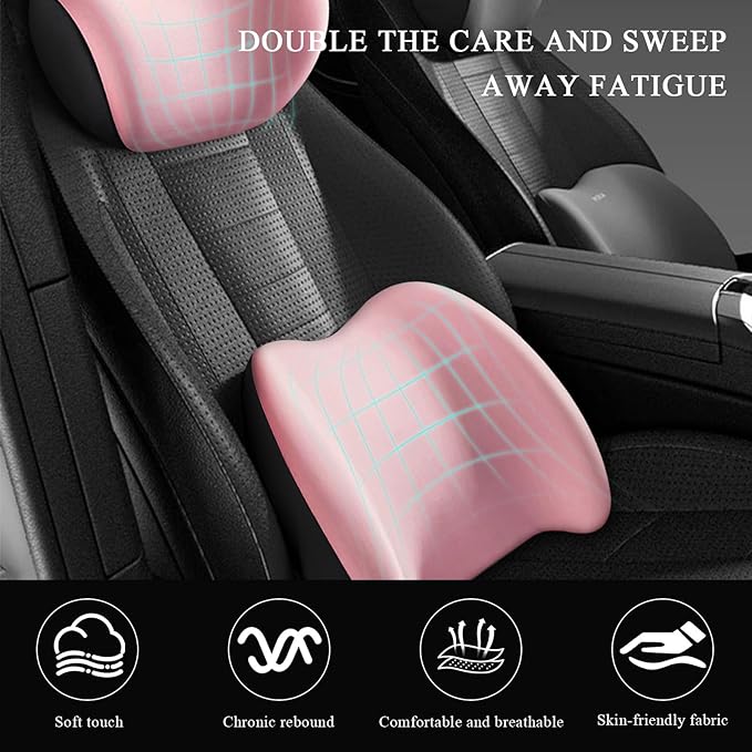 Car Headrest & Lumbar Support Cushion, Ergonomic Memory Foam Car Neck Back Support w/Removable Cover, Universal Breathable Lumbar Cushion Headrest Pillow with Adjusatble Strap (Pink)