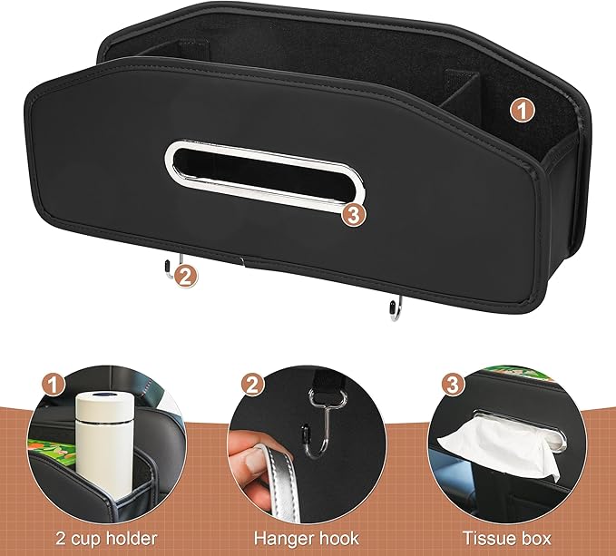 JEYODA Car Seat Back Organizer with 2 Drink Cup Holder,Car Tissue Holder and Storage Box Hook, 3 in 1 Multifunctional Storage for Food Drink Phone, Travel Accessories (Beige)
