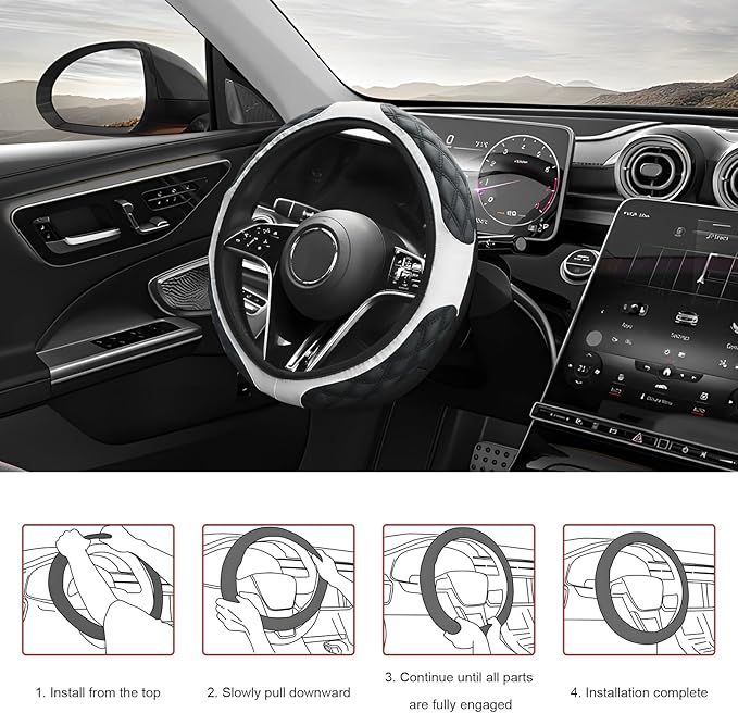 Car Steering Wheel Cover, 15 Inch Elastic Comfortable Auto Steering Wheel Protector, Anti-Slip Leather Wheel Cover Fashionable Interior Accessories for Most Cars Trucks SUVs (White)